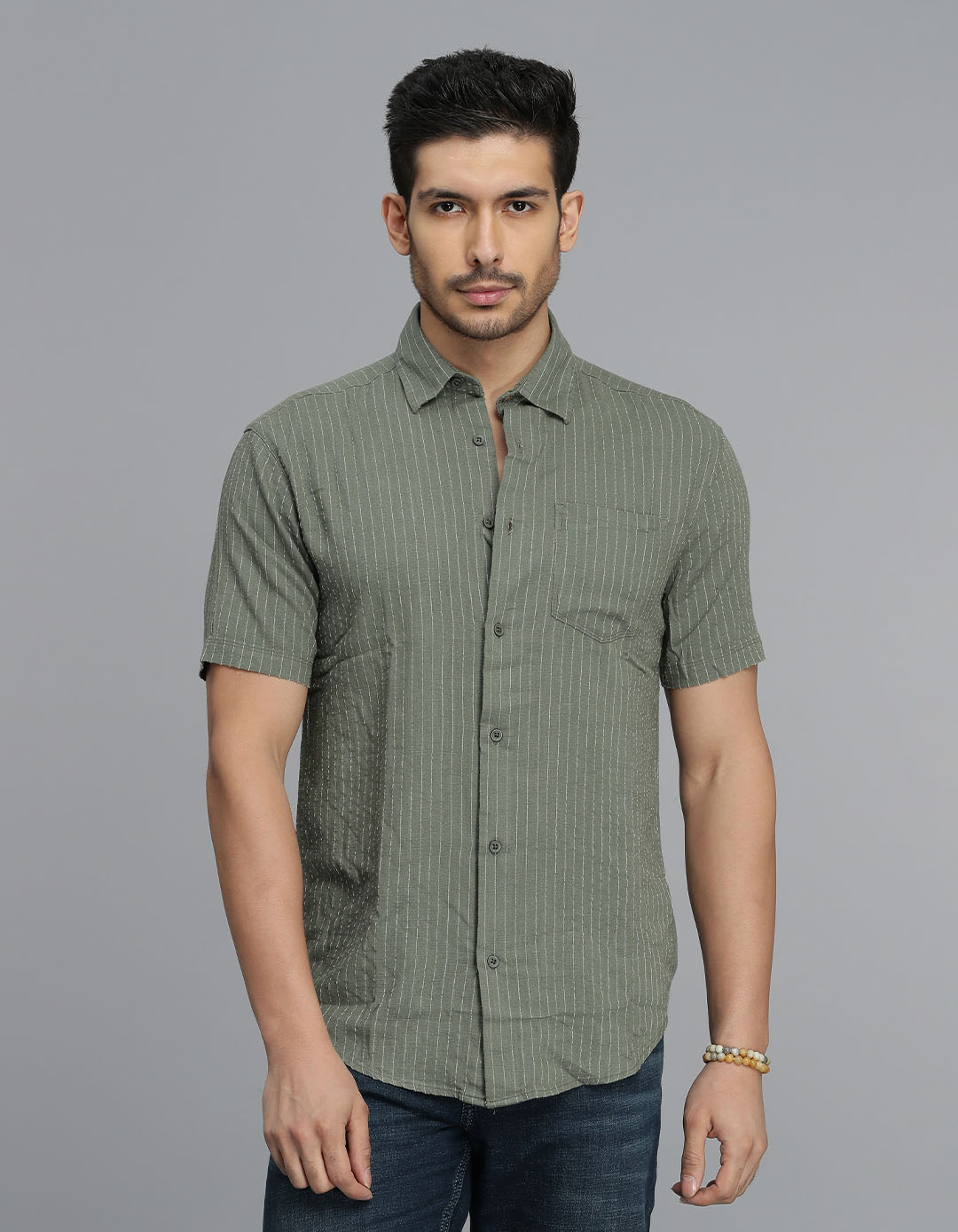 Olive Half Sleeves Stripe Shirt