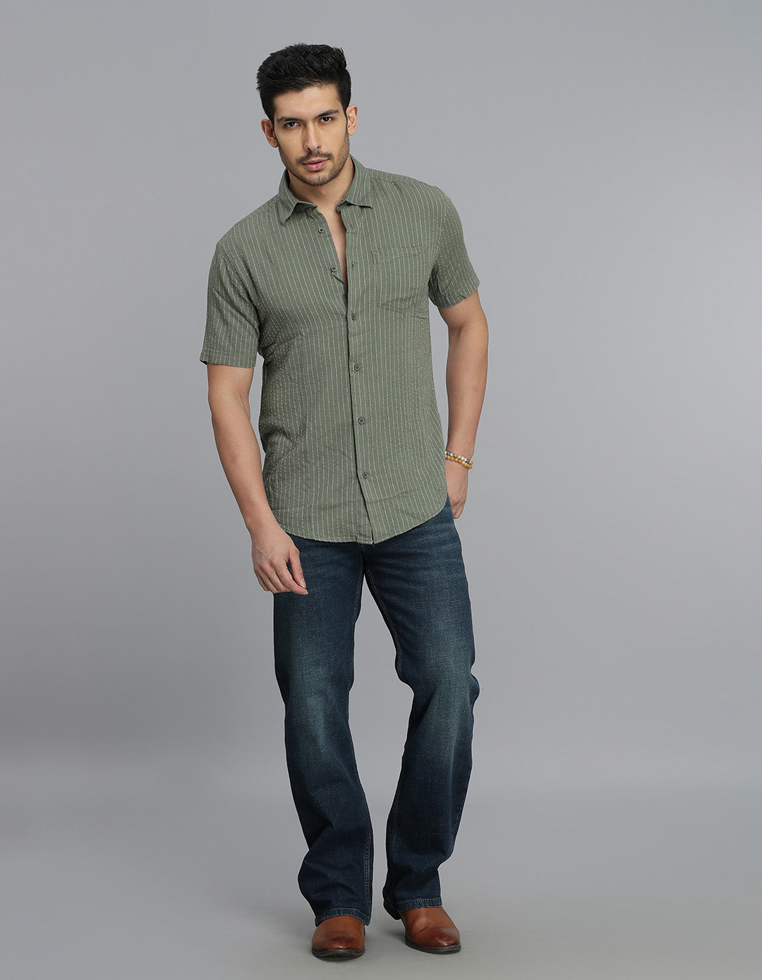 Olive Half Sleeves Stripe Shirt