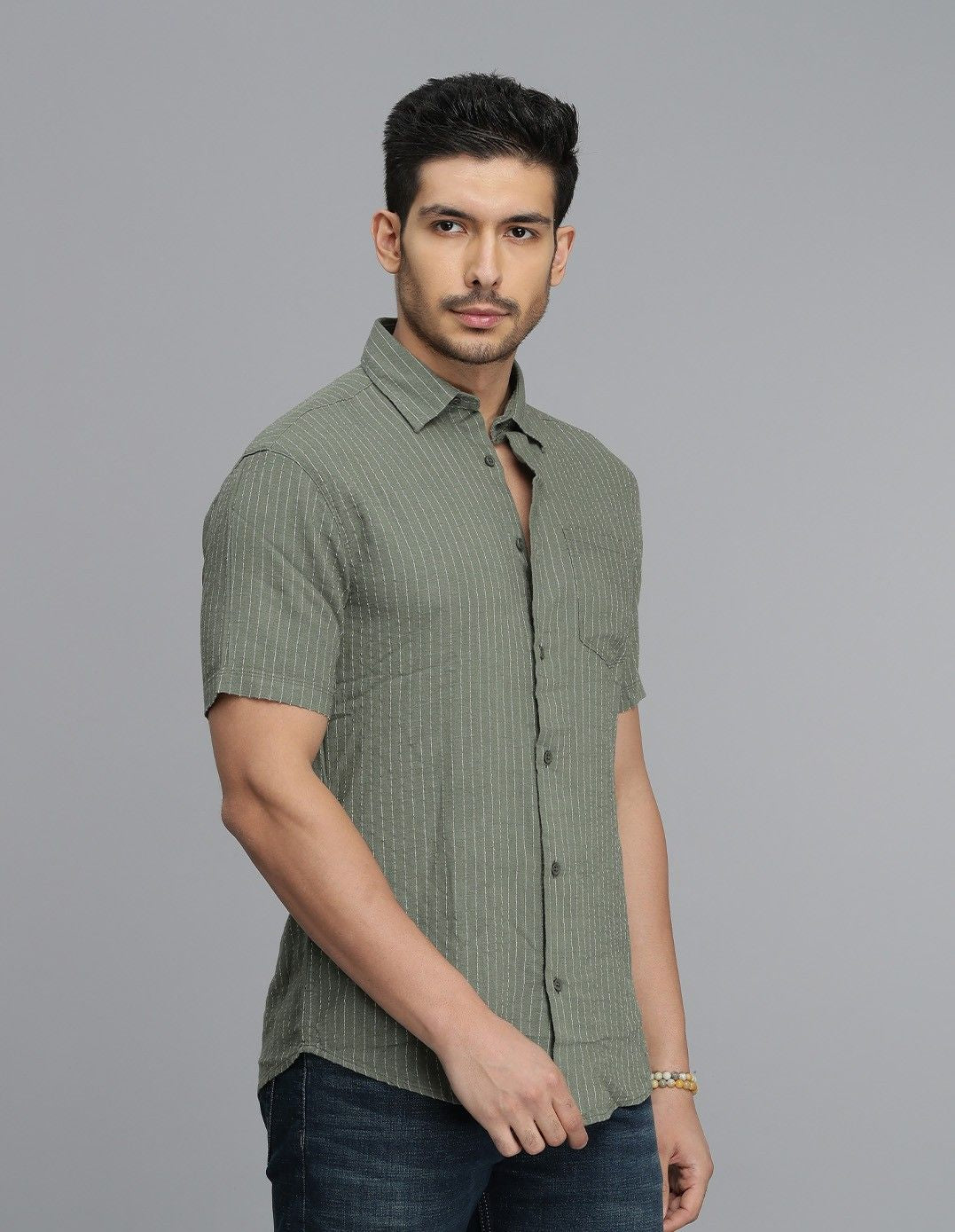 Olive Half Sleeves Stripe Shirt