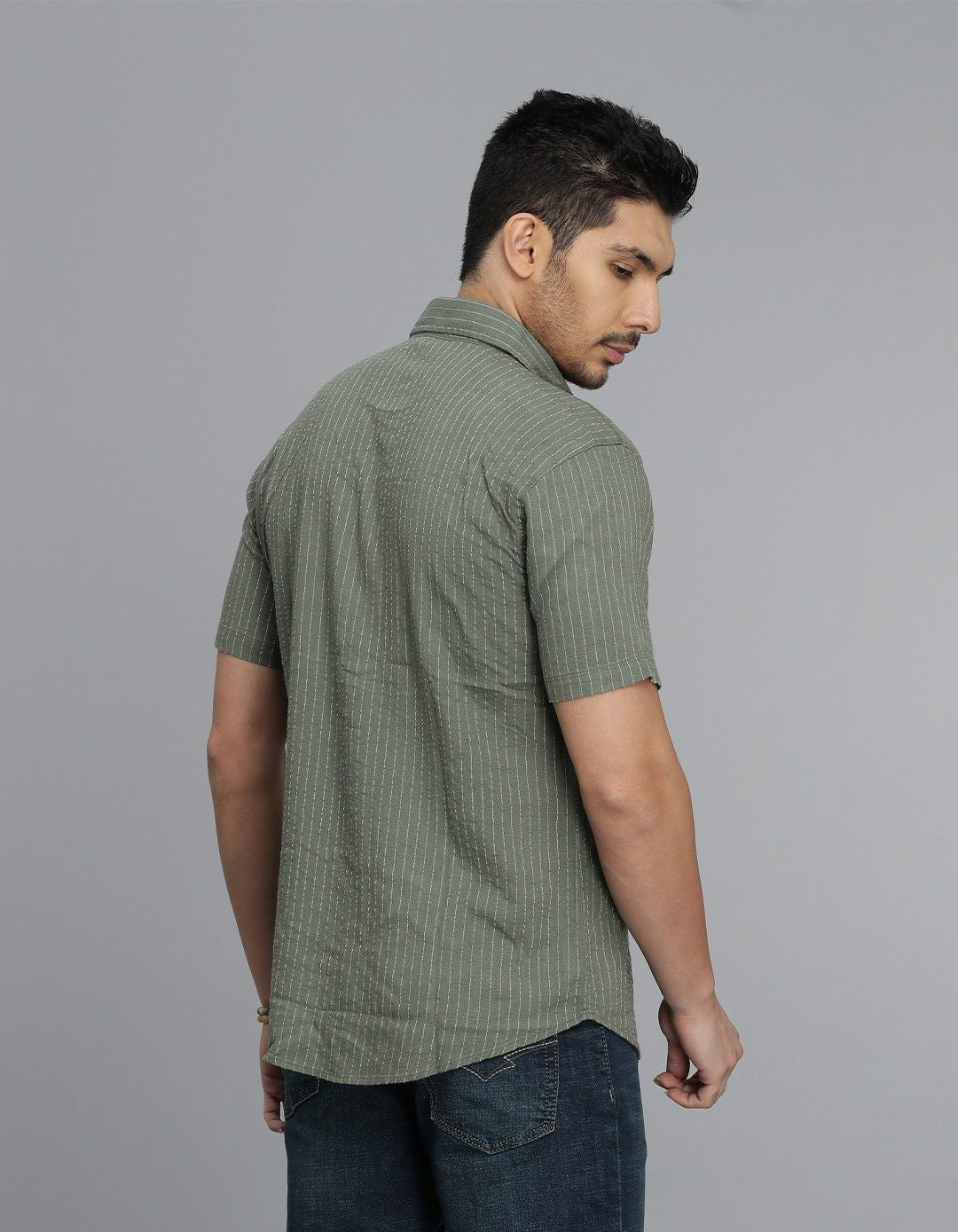 Olive Half Sleeves Stripe Shirt