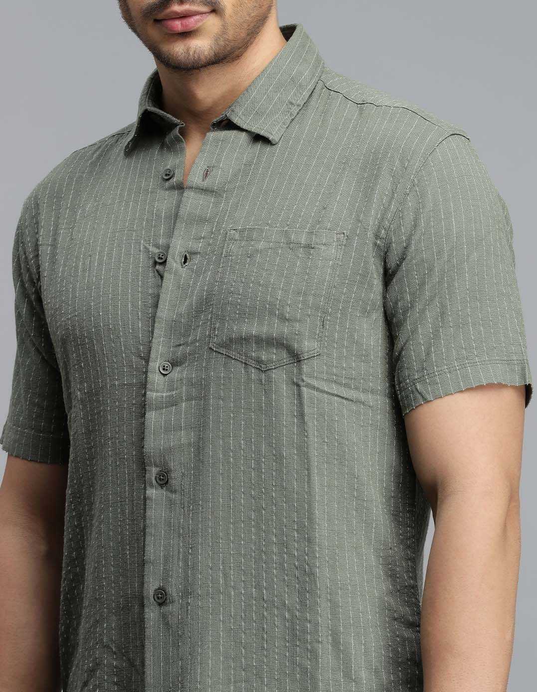 Olive Half Sleeves Stripe Shirt