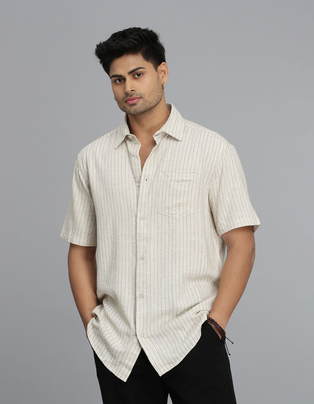 Khaki Half Sleeves Stripe Shirt