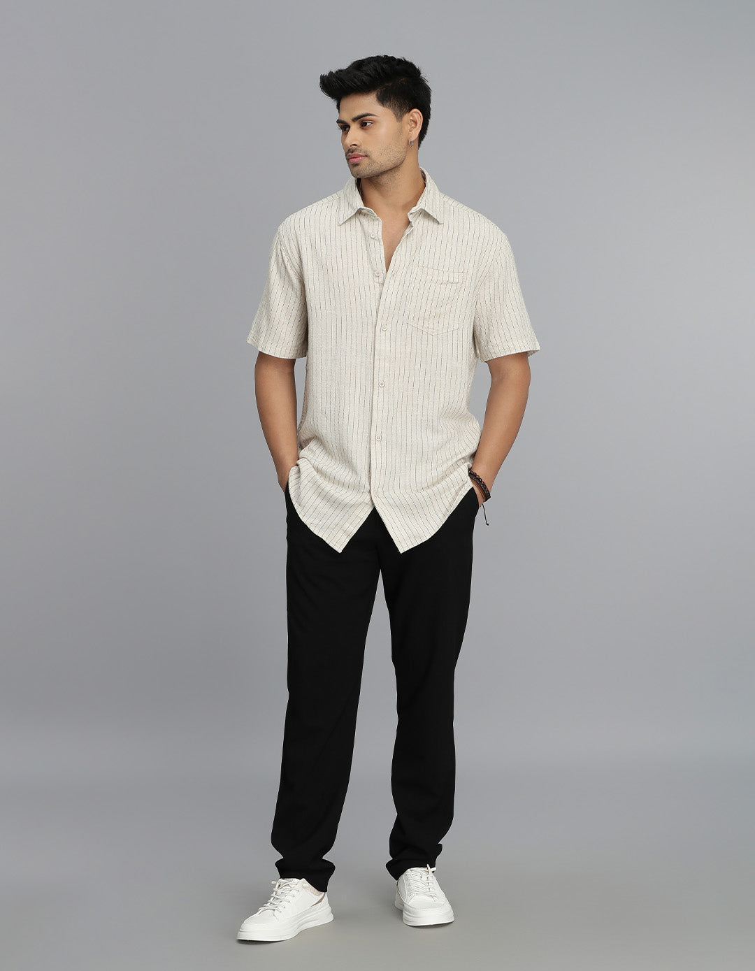 Khaki Half Sleeves Stripe Shirt