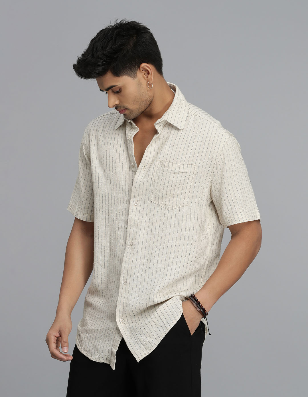 Khaki Half Sleeves Stripe Shirt