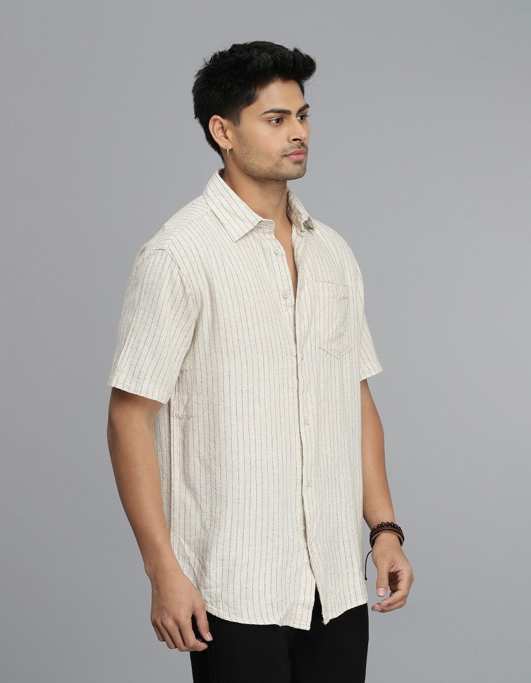 Khaki Half Sleeves Stripe Shirt