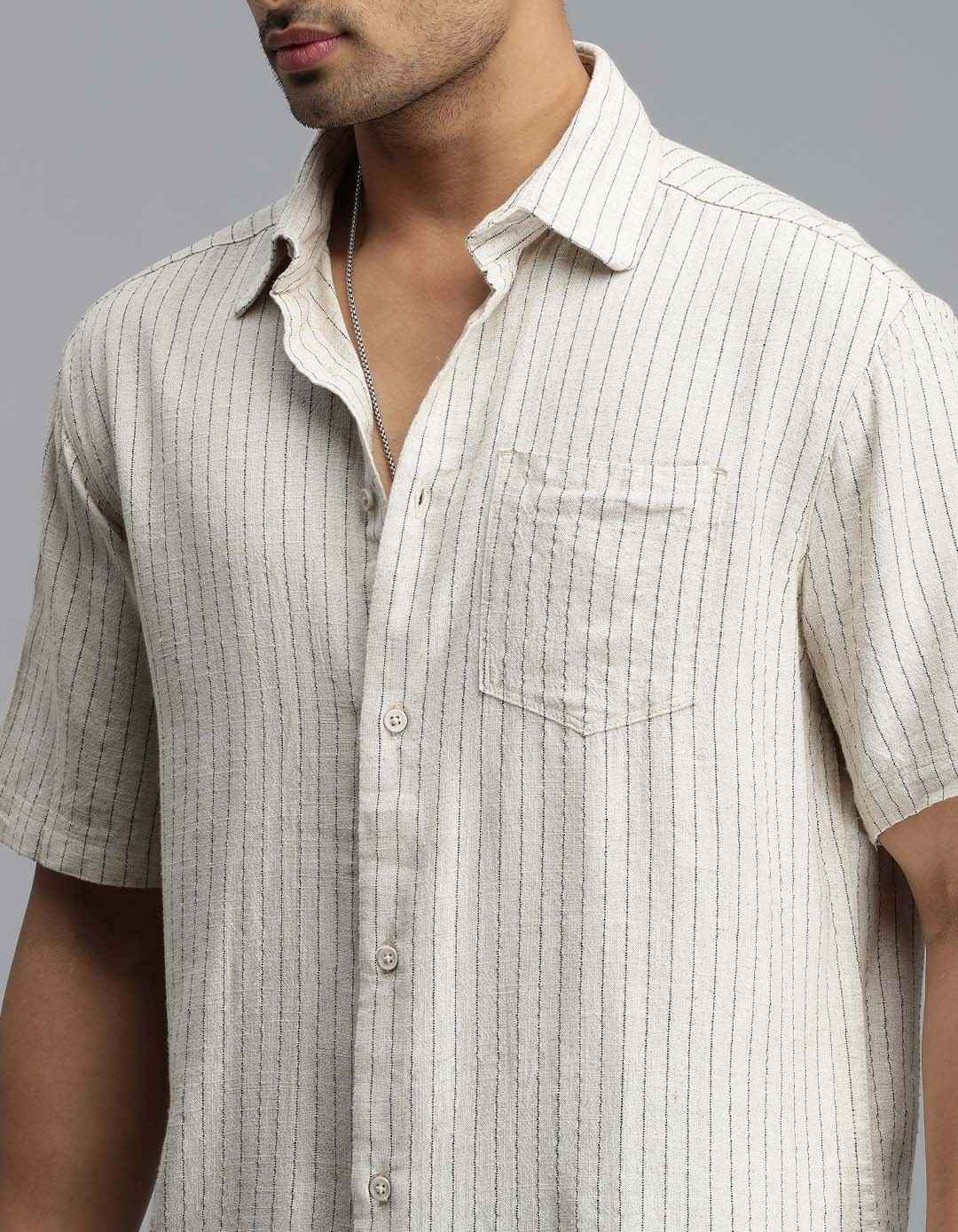 Khaki Half Sleeves Stripe Shirt