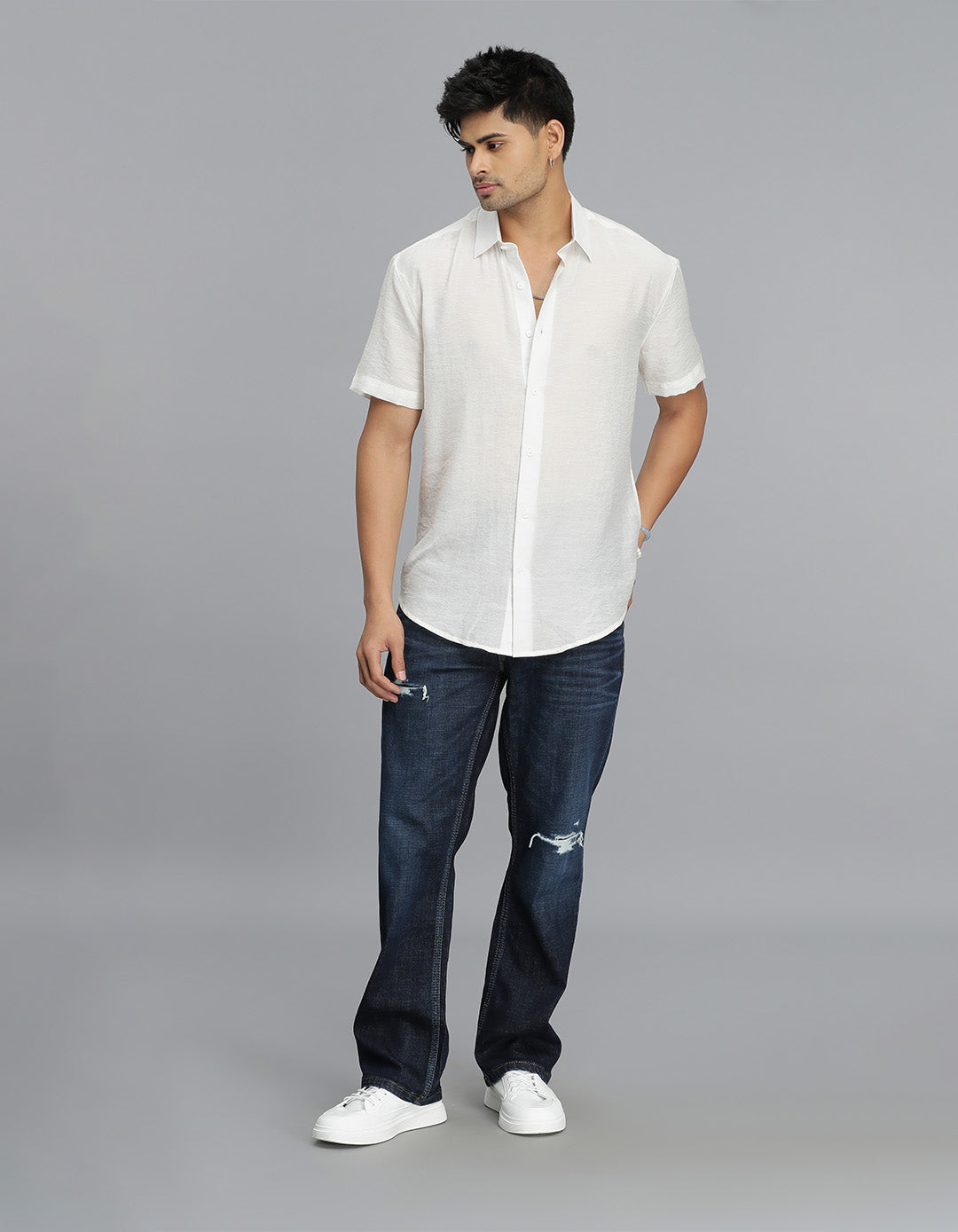 White Half Sleeves Solid Shirt