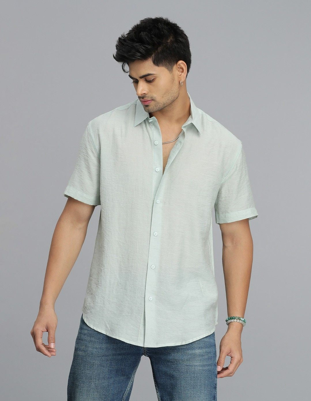 Pista Green Half Sleeves Solid Shirt