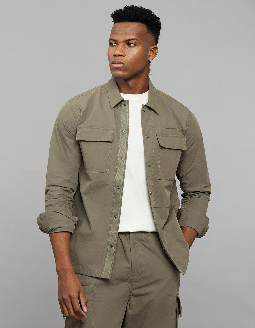 Light Olive Full Sleeves Snap Button Front Closure Shacket 