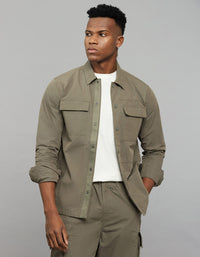 Light Olive Full Sleeves Snap Button Front Closure Shacket 