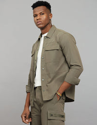 Light Olive Full Sleeves Snap Button Front Closure Shacket 