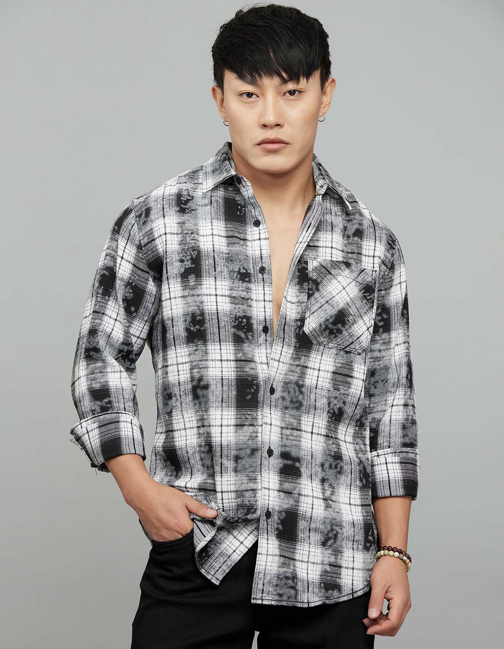 Grey White Full Sleeves Check Shirt