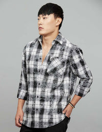 Grey White Full Sleeves Check Shirt