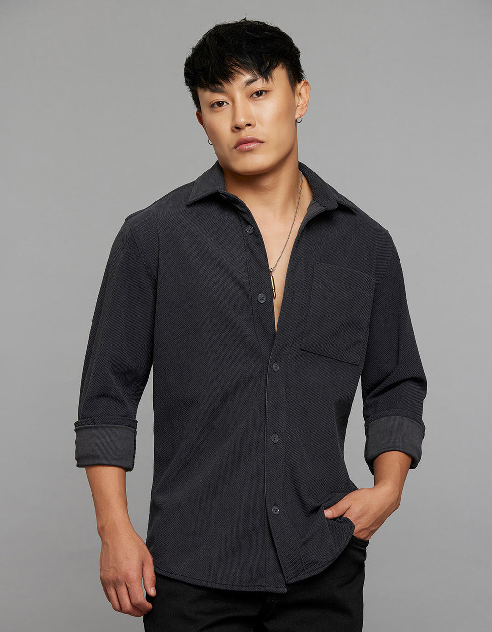 Charcoal Full Sleeves Button Front Closure Shacket 