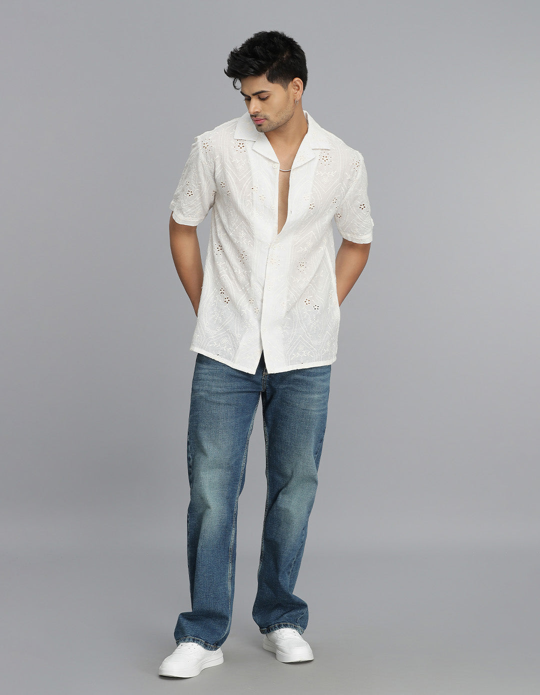 Off White Half Sleeves Textured Dobby Shirt