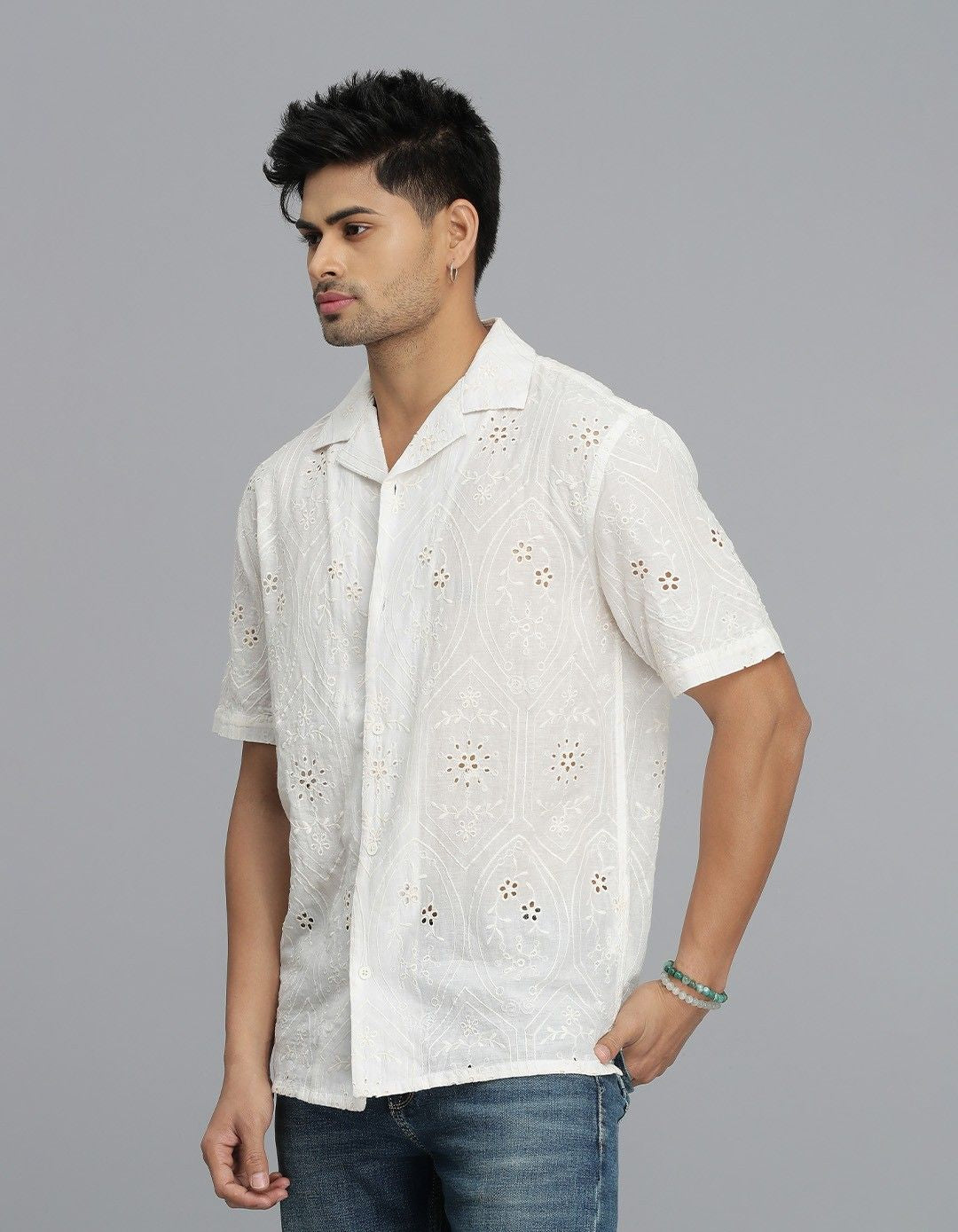 Off White Half Sleeves Textured Dobby Shirt