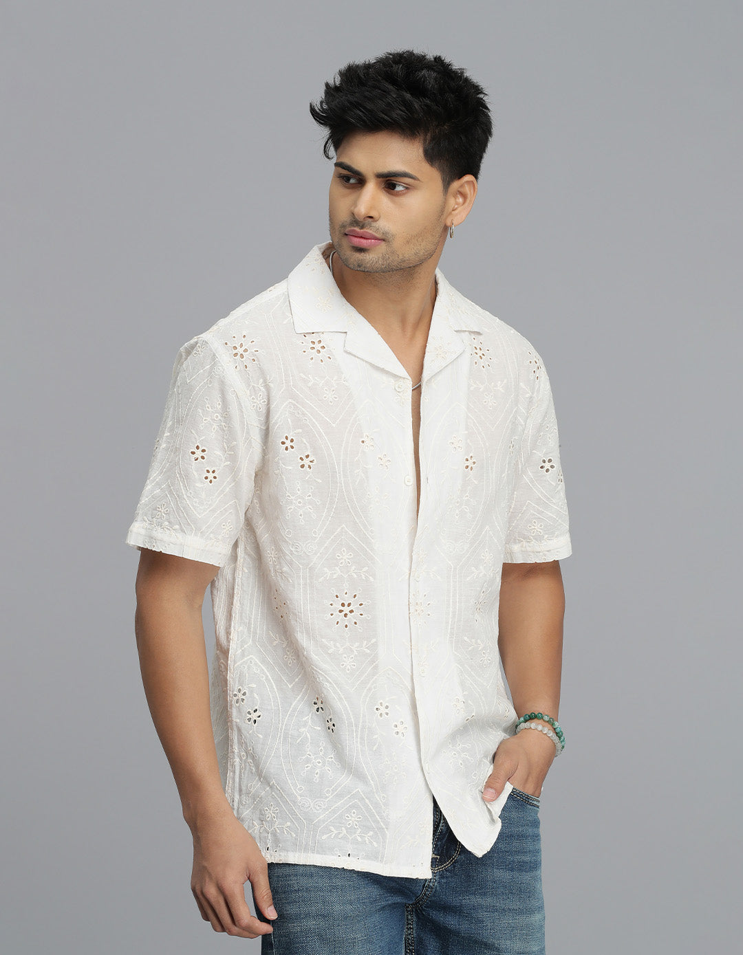 Off White Half Sleeves Textured Dobby Shirt