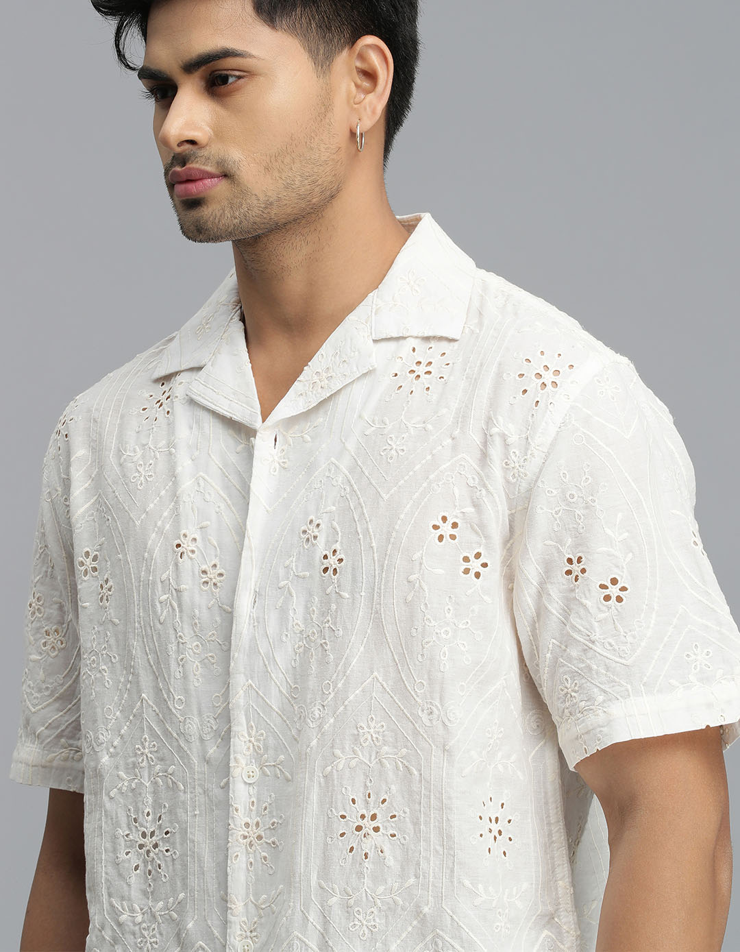 Off White Half Sleeves Textured Dobby Shirt