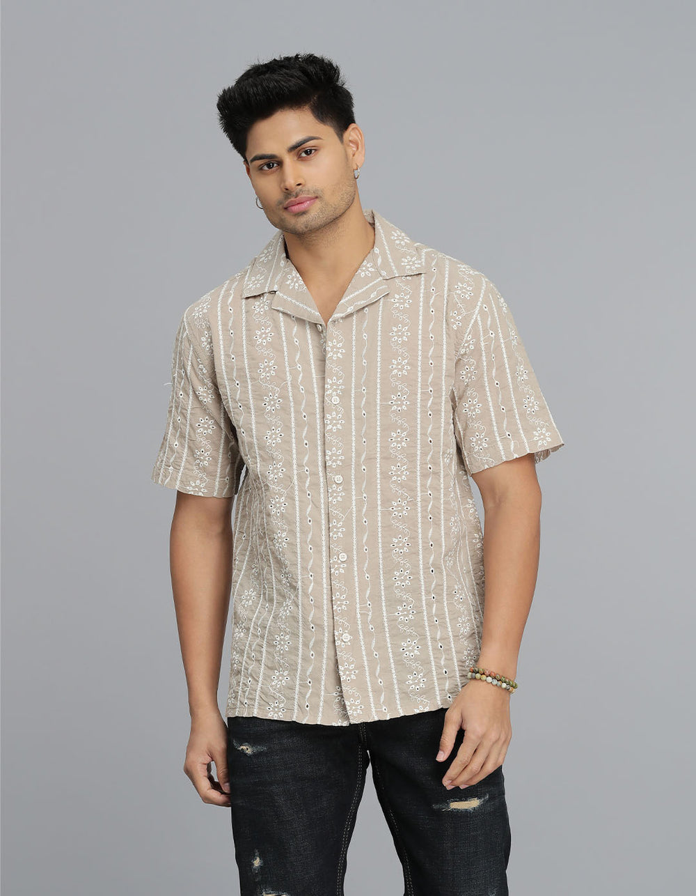 Ivory 100% Cotton Half Sleeves Textured Dobby Shirt