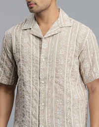 Ivory 100% Cotton Half Sleeves Textured Dobby Shirt