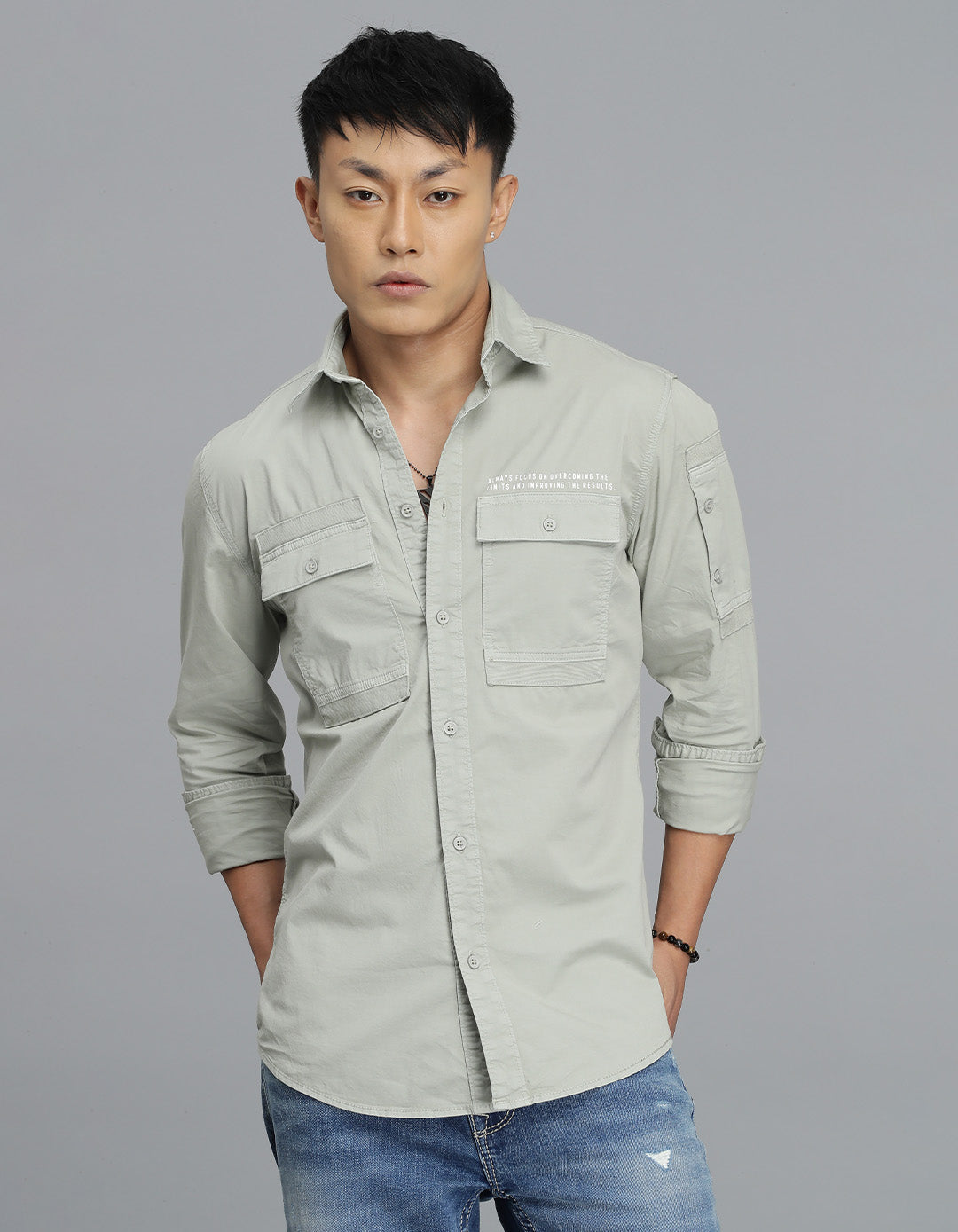 Smoke Green Full Sleeves Cargo Shirt