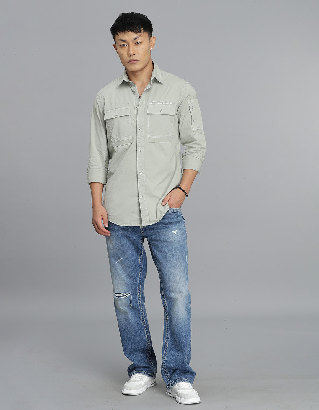 Smoke Green Full Sleeves Cargo Shirt