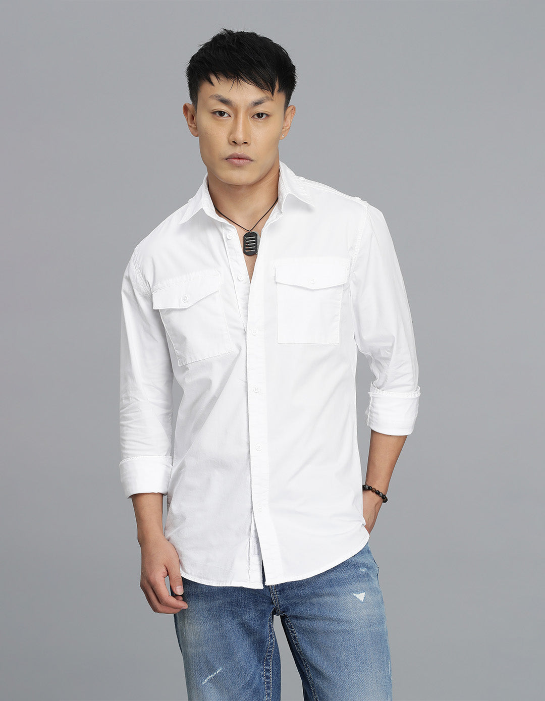 White Full Sleeves Cargo Shirt
