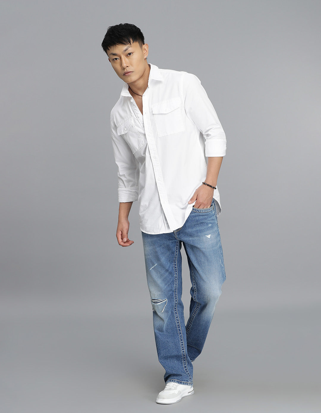 White Full Sleeves Cargo Shirt