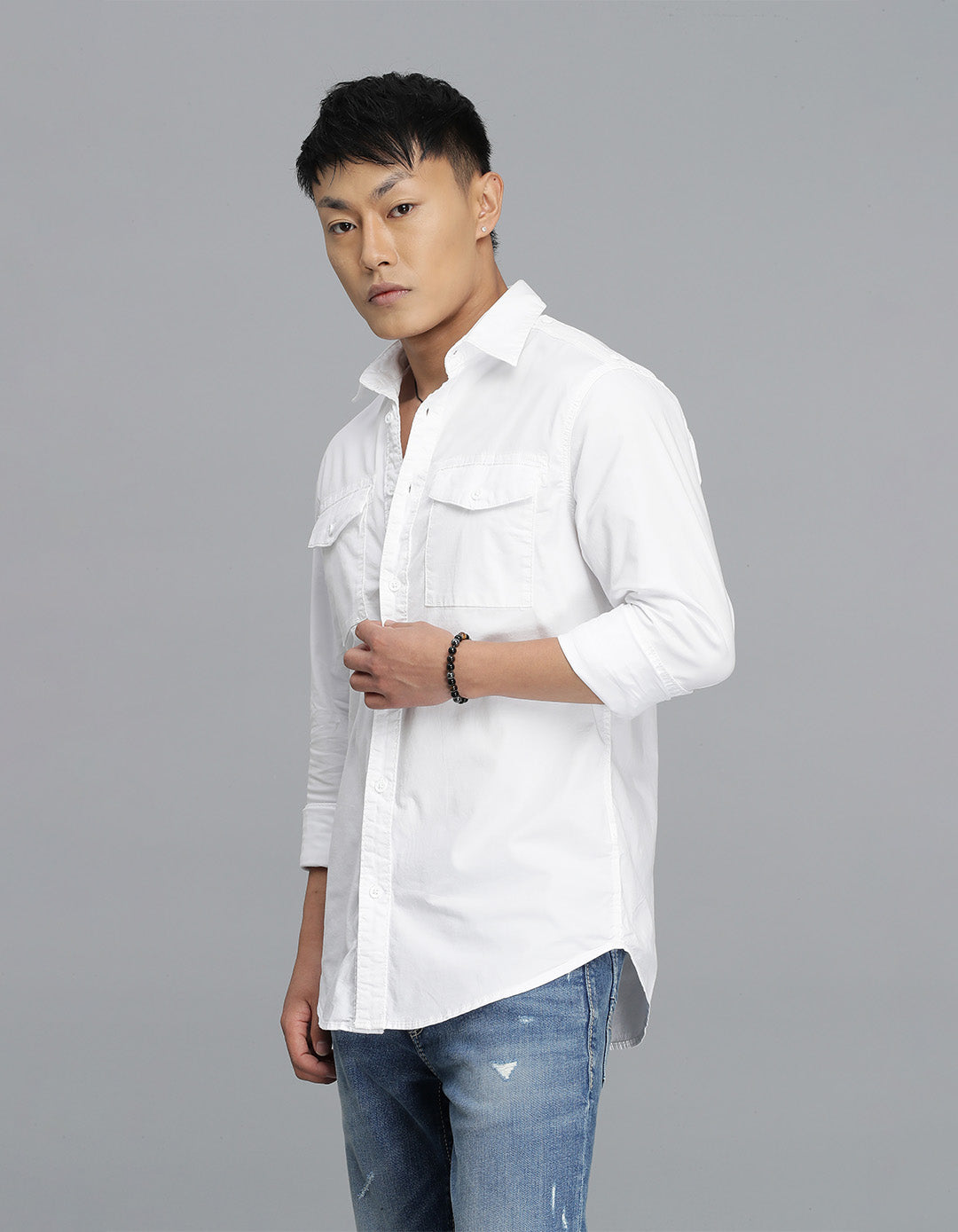 White Full Sleeves Cargo Shirt
