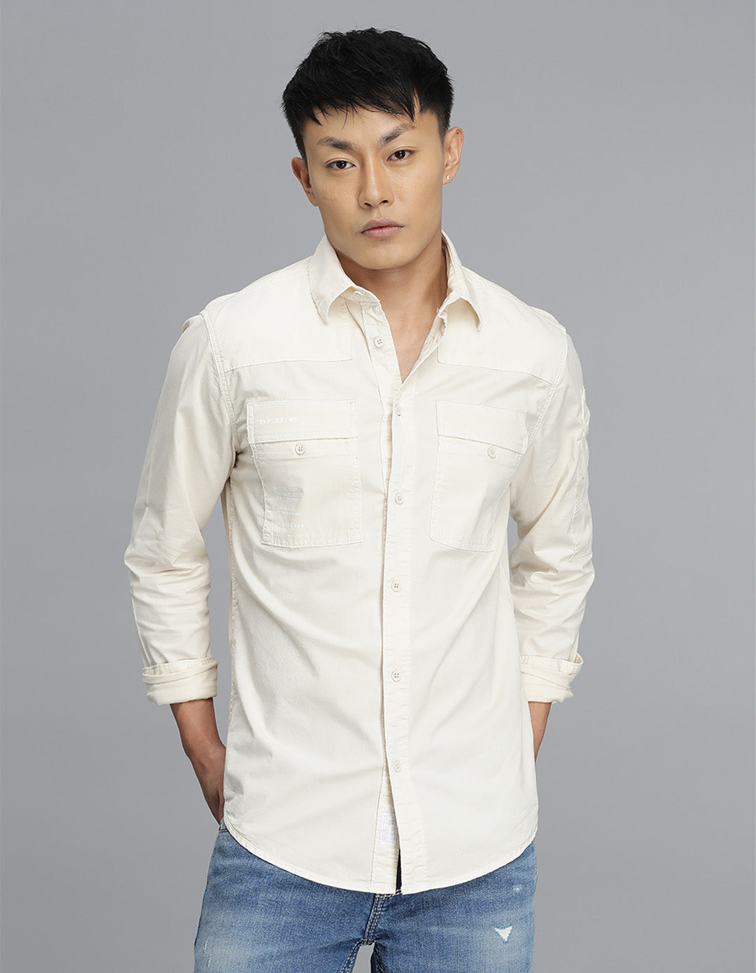 Lt Beige Full Sleeves Cargo Shirt