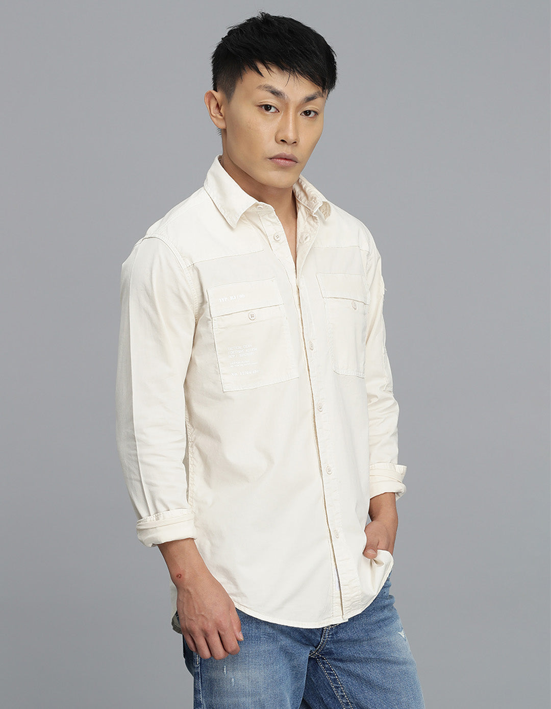 Lt Beige Full Sleeves Cargo Shirt