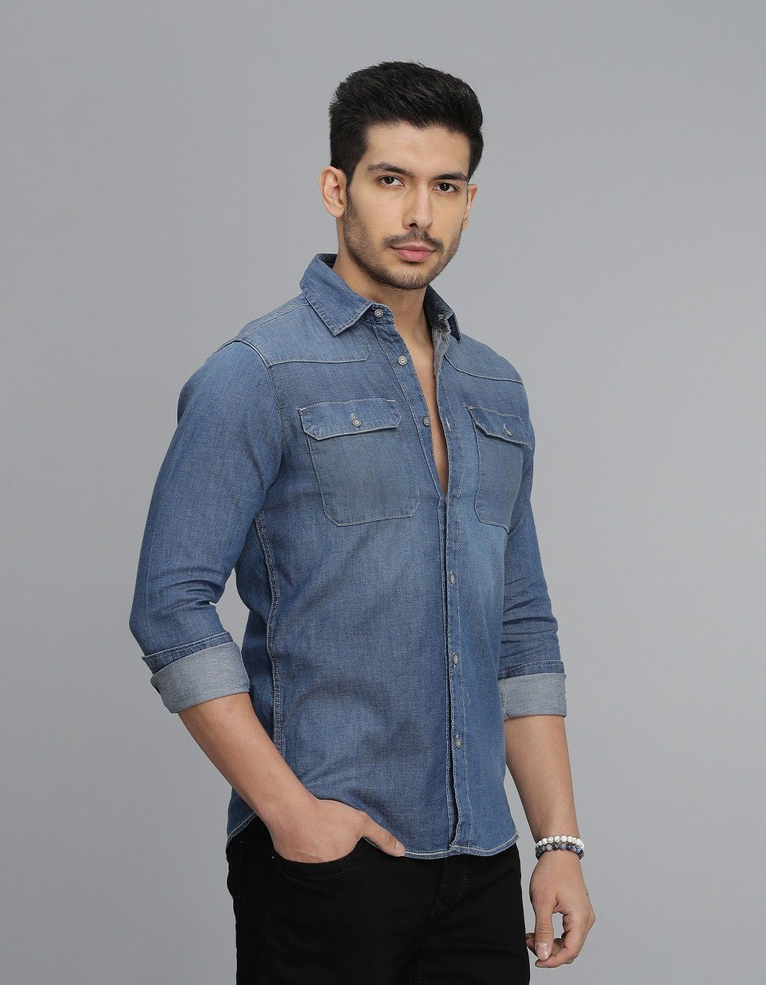 Med Blue Full Sleeves Denim Shirt