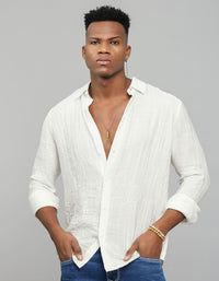 White Full Sleeves Embroidered Stitch Texture Shirt