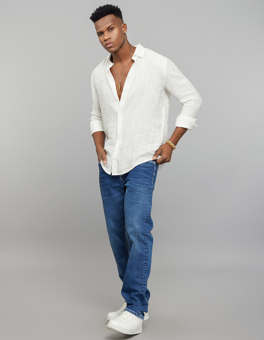 White Full Sleeves Embroidered Stitch Texture Shirt