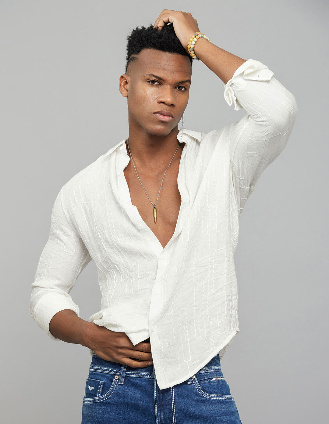 White Full Sleeves Embroidered Stitch Texture Shirt