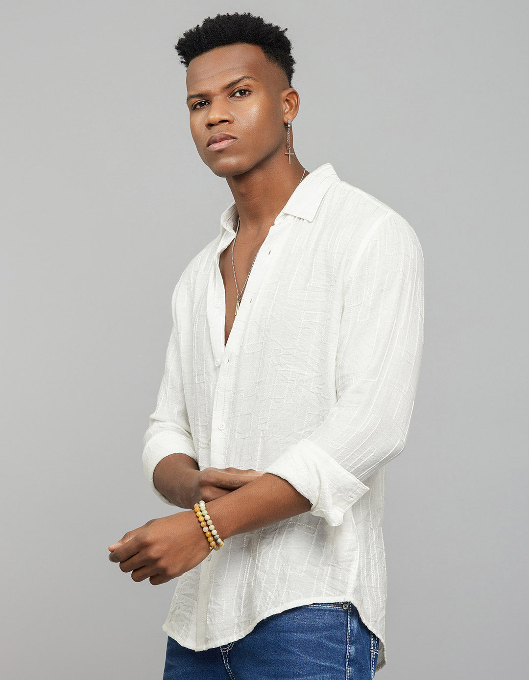 White Full Sleeves Embroidered Stitch Texture Shirt