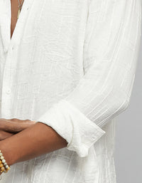 White Full Sleeves Embroidered Stitch Texture Shirt