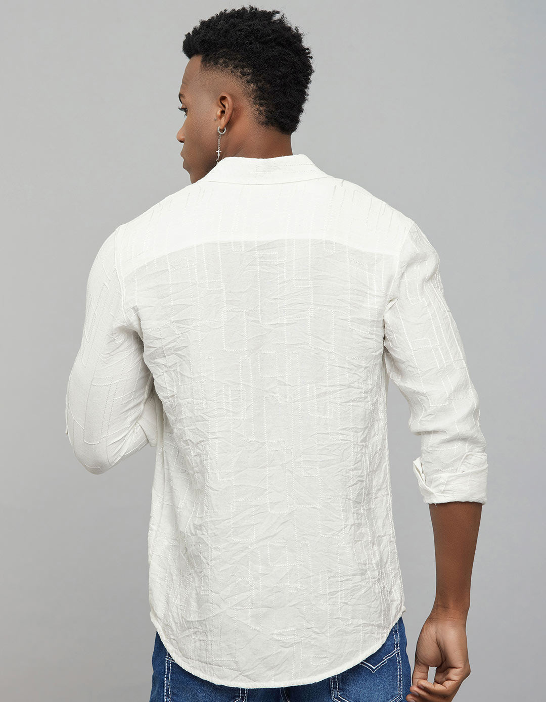 White Full Sleeves Embroidered Stitch Texture Shirt