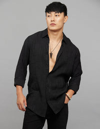 Black Full Sleeves Embroidered Stitch Texture Shirt