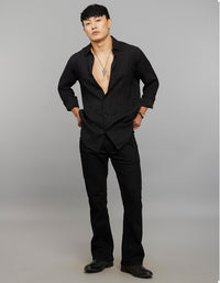 Black Full Sleeves Embroidered Stitch Texture Shirt
