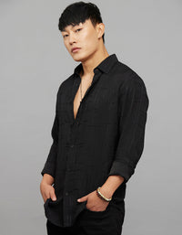 Black Full Sleeves Embroidered Stitch Texture Shirt