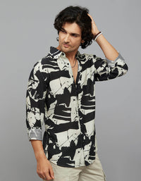 Black Cream Full Sleeves Printed Shirt