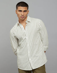 White Green Full Sleeves Linen Blend Stripe Shirt