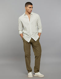White Green Full Sleeves Linen Blend Stripe Shirt