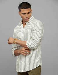 White Green Full Sleeves Linen Blend Stripe Shirt