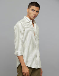 White Green Full Sleeves Linen Blend Stripe Shirt