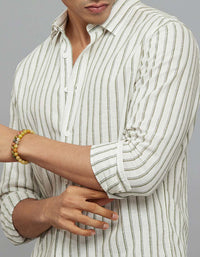 White Green Full Sleeves Linen Blend Stripe Shirt