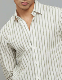 White Green Full Sleeves Linen Blend Stripe Shirt