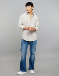 Light Sand Full Sleeves Linen Blend Stripe Shirt