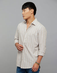 Light Sand Full Sleeves Linen Blend Stripe Shirt